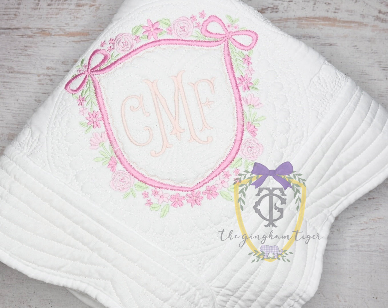 Ribbon Floral Heirloom Quilt with Monogram