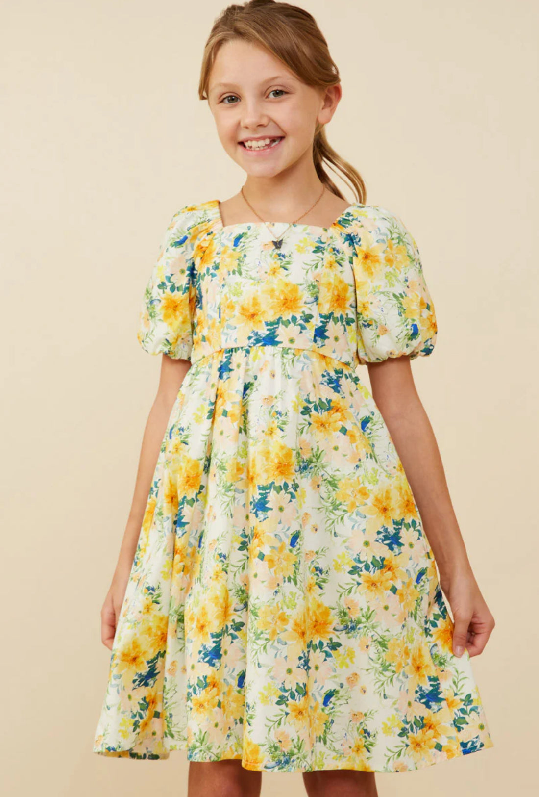 Girls Garden Floral Print Puff Sleeve Dress