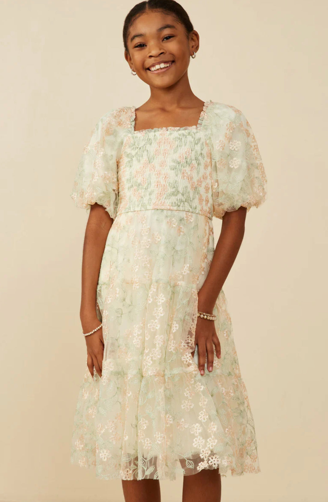Girls Smocked Floral Mesh Lace Tiered Dress