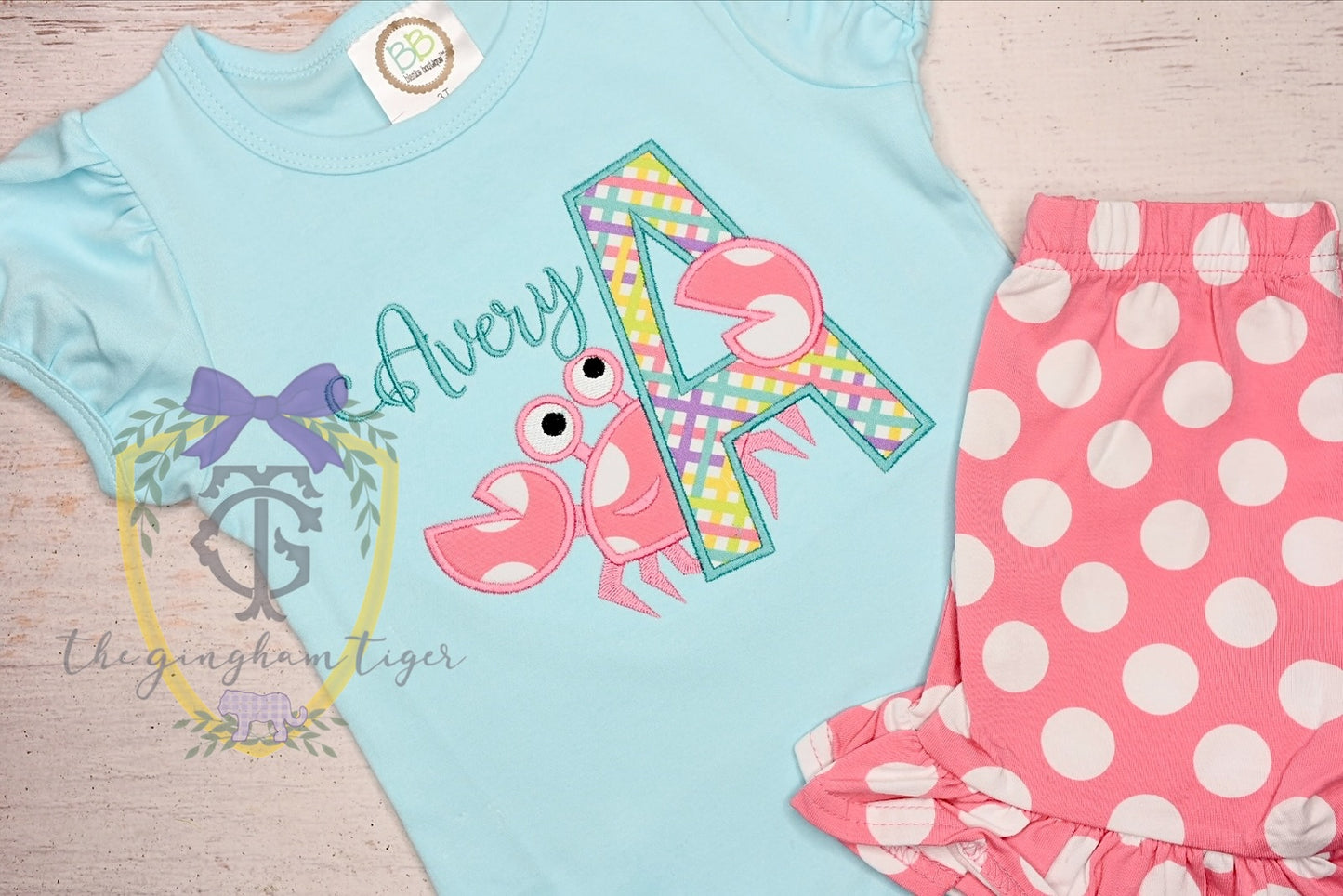 Girls Crab Applique + Initial