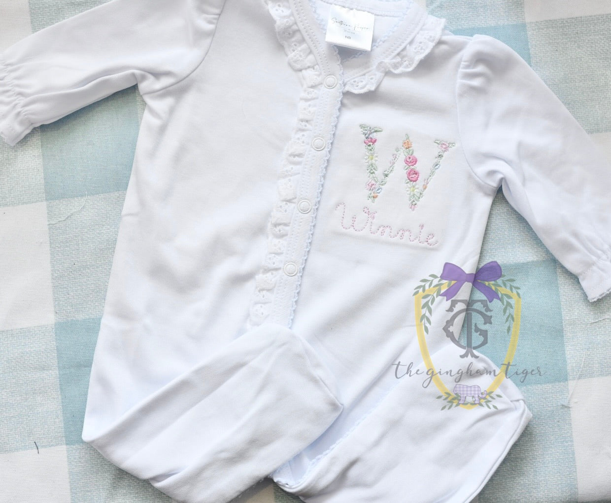 Lace Trim Footie with Embroidered Floral Letter + Name