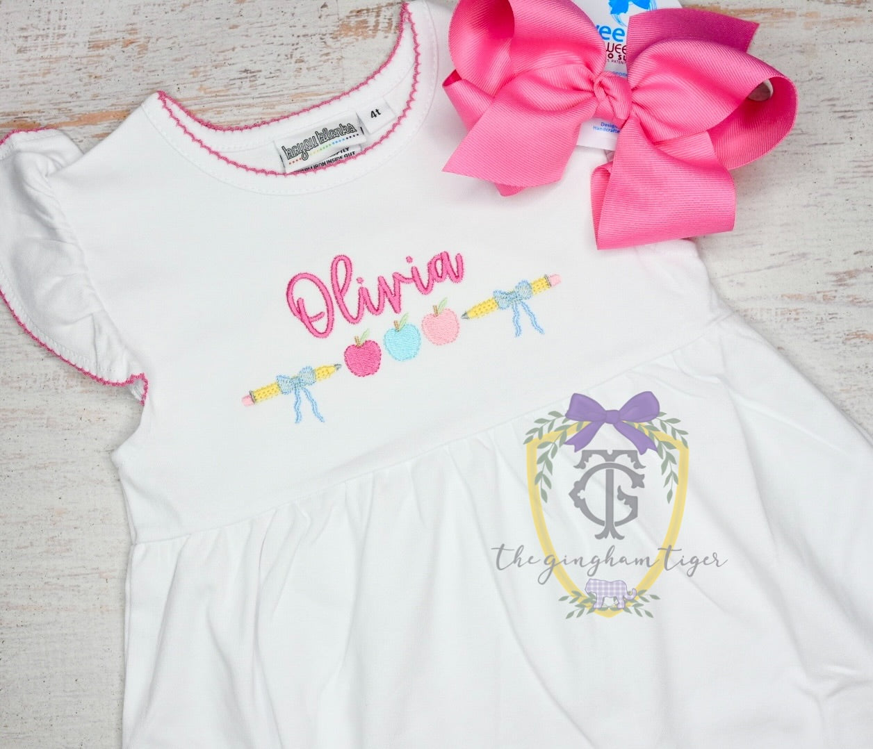Picot Trim Knit Dress with School Embroidery