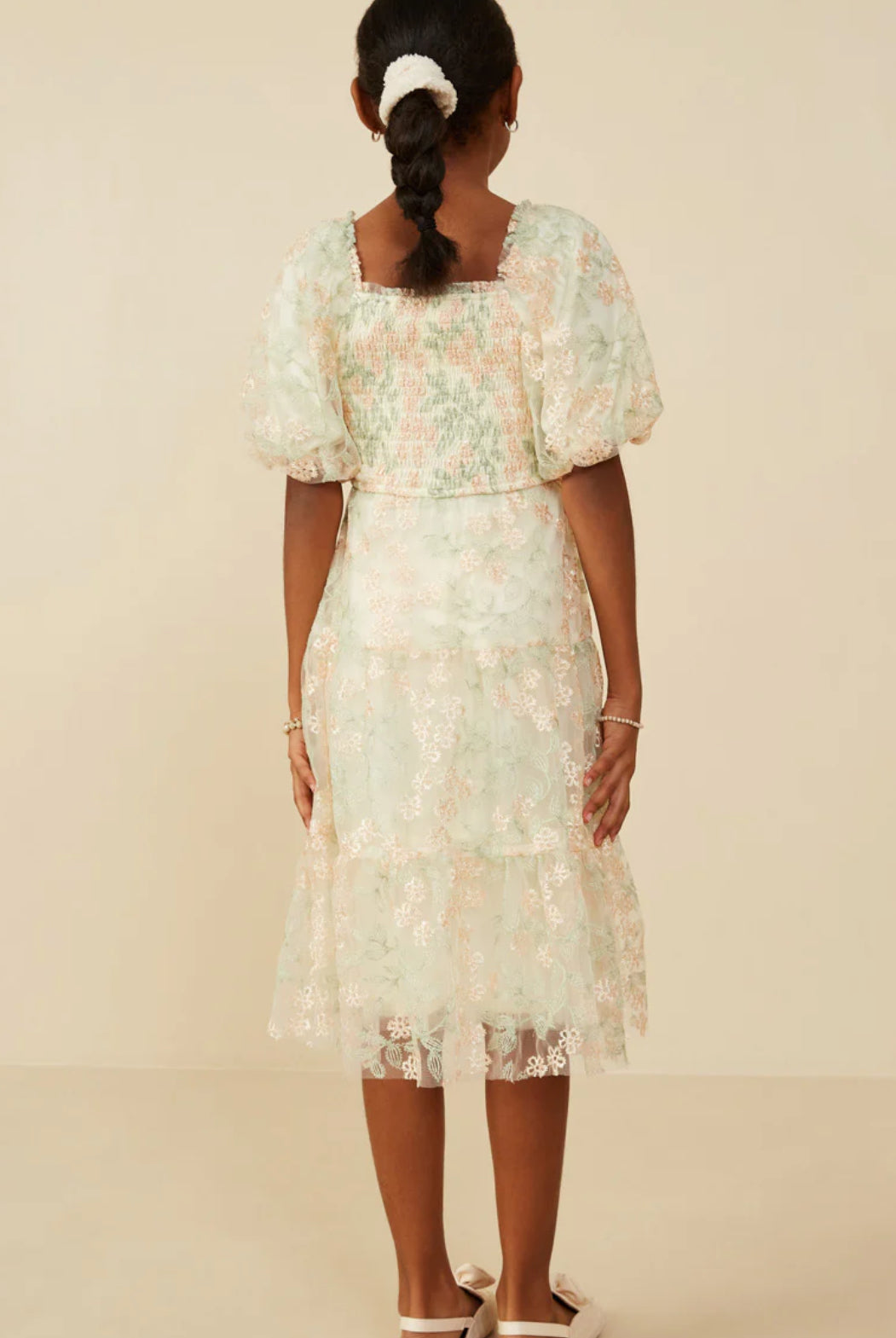 Girls Smocked Floral Mesh Lace Tiered Dress
