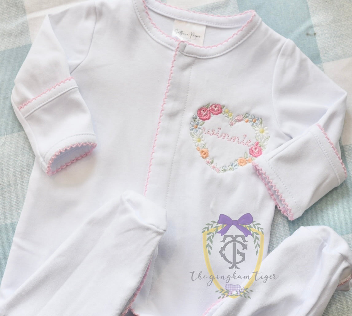 Picot Trim Footie with Embroidered Floral Heart + Name