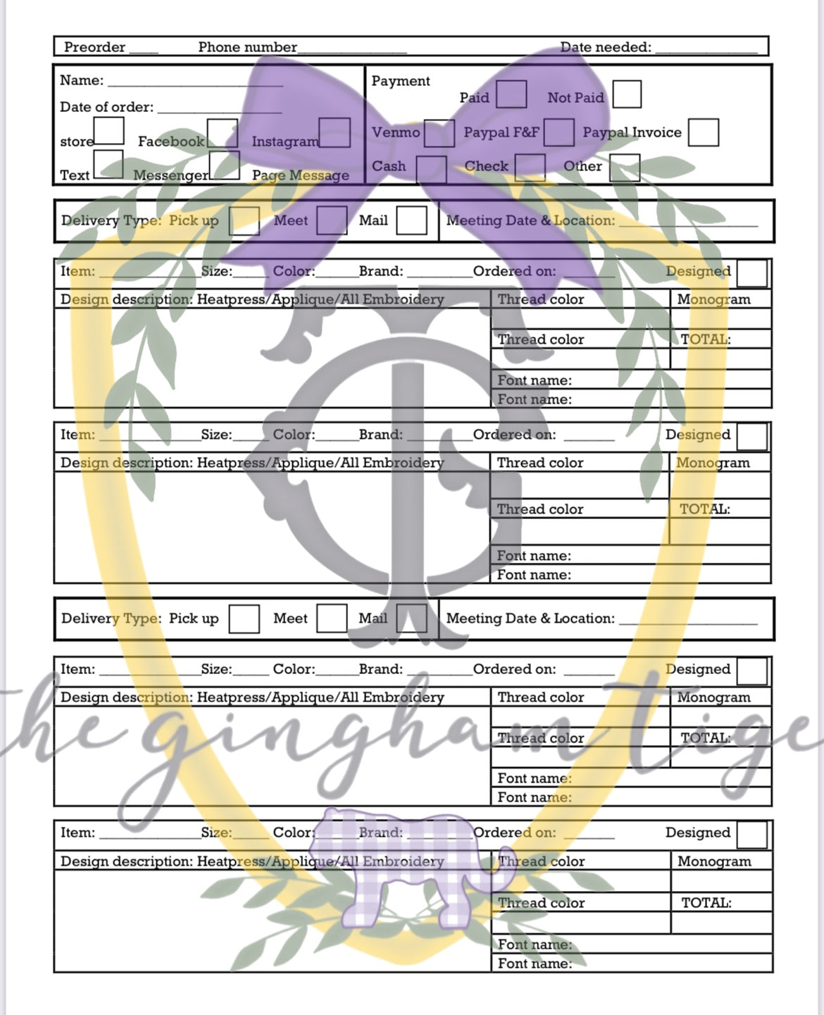Order Information Sheet - Digital Download