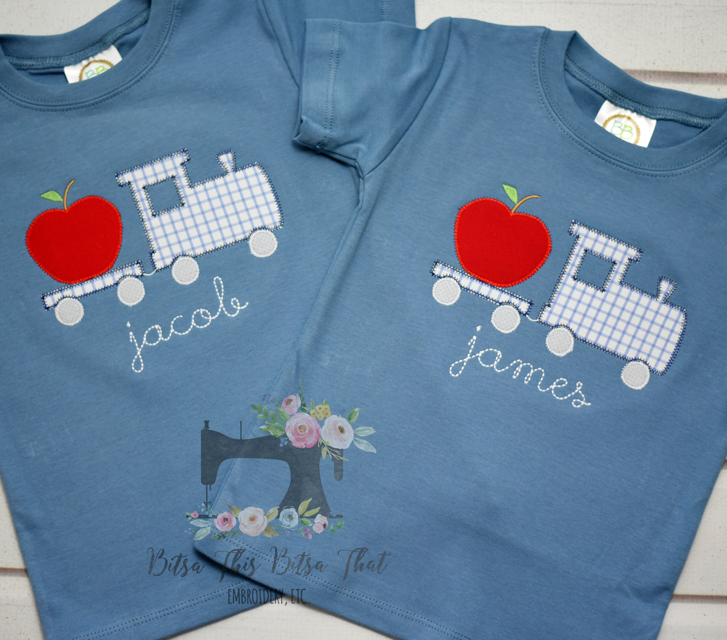 Train with apple applique shirt