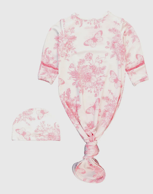 Baby Girls Garden Toile Bamboo Knotted Ruffle Gown and Hat Set