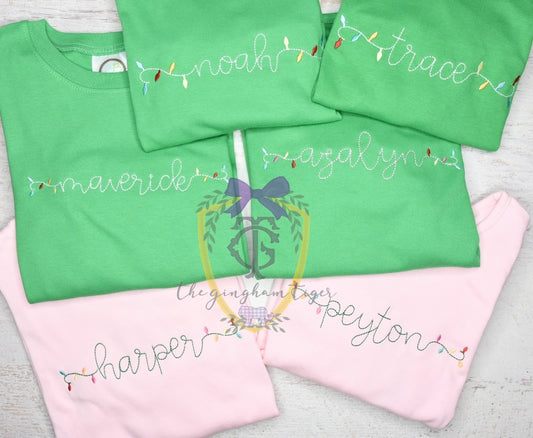 Embroidwred Christmas Lights Name Tee