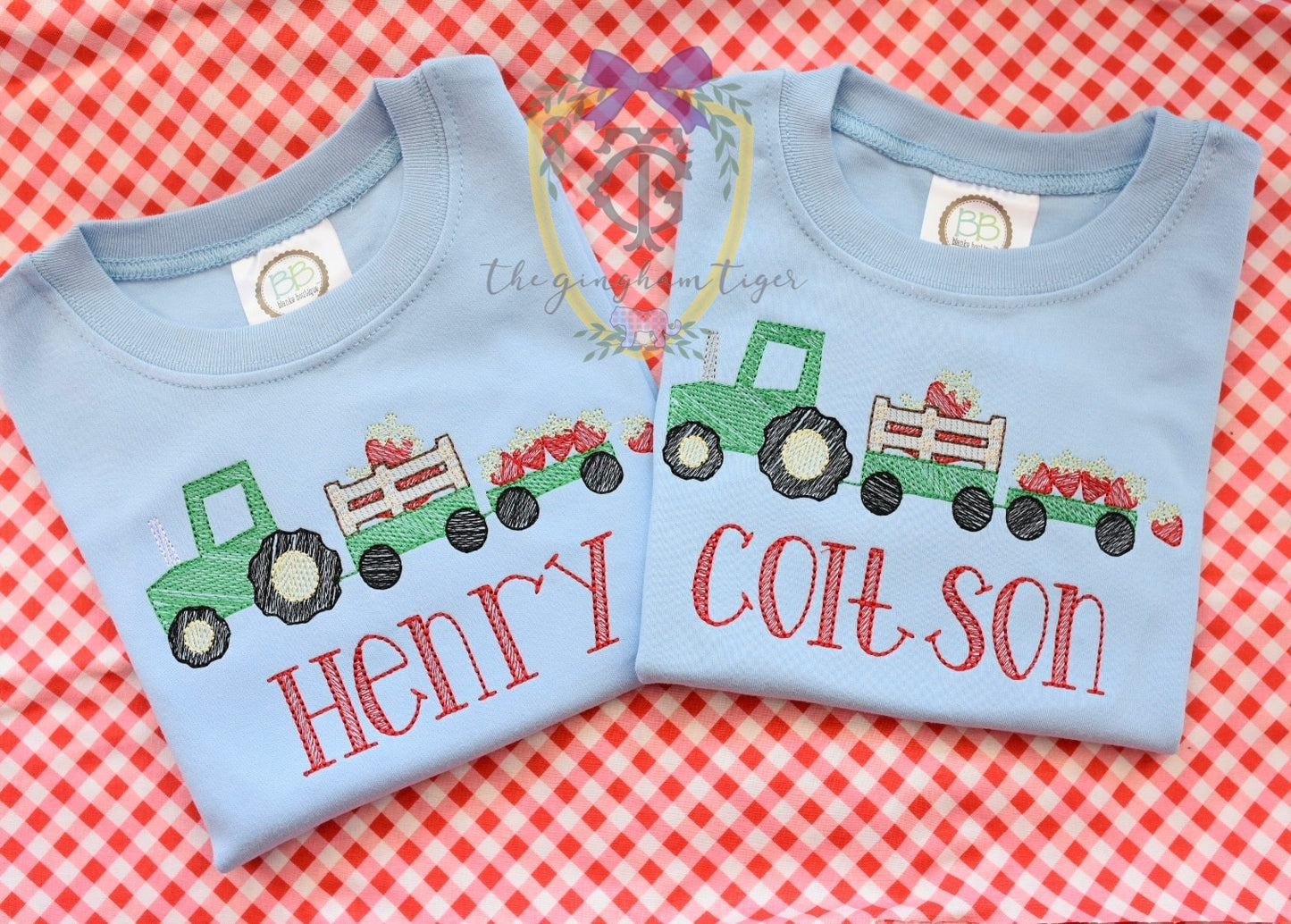 Strawberry Tractor Embroidered Shirt or Romper