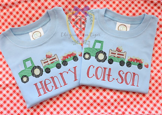 Strawberry Tractor Embroidered Shirt or Romper