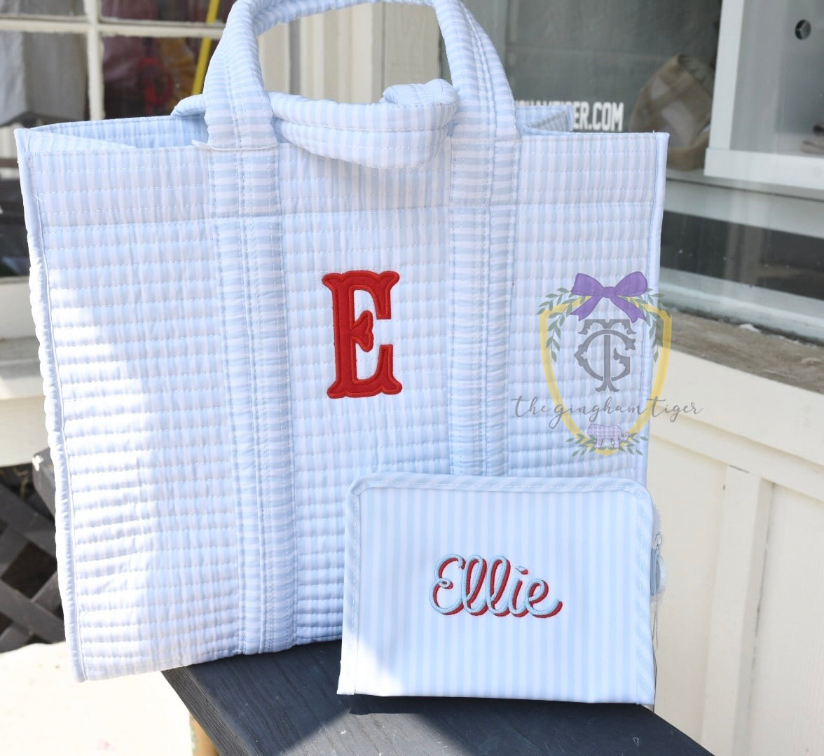 Quilted Go Go Tote Blue Stripe TRVL