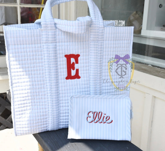 Quilted Go Go Tote Blue Stripe TRVL