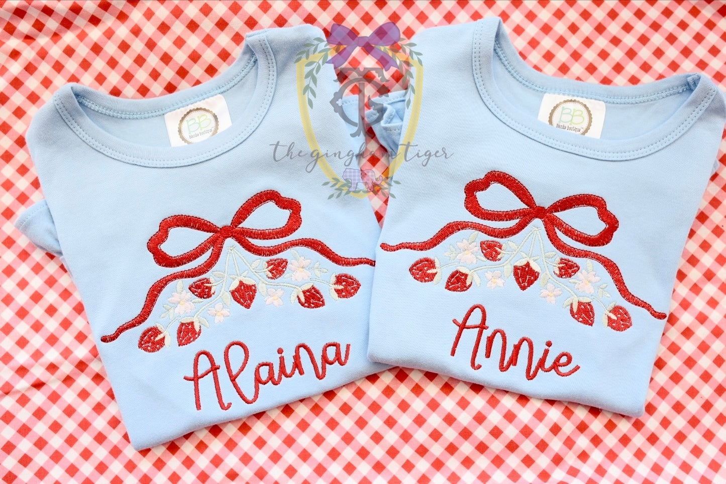 Strawberry bow embroidered shirt or bubble