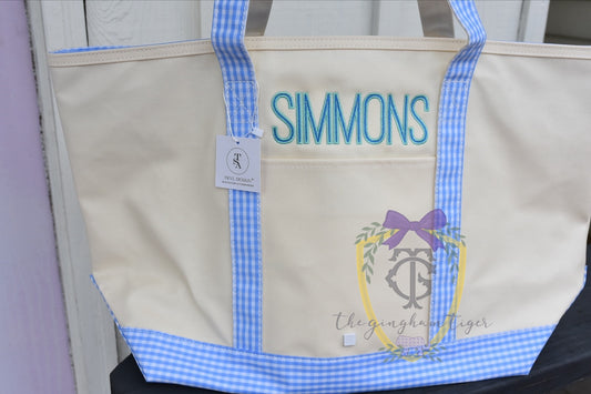 MEDIUM TOTE - COATED CANVAS NATURAL WITH GINGHAM SKY TRIM