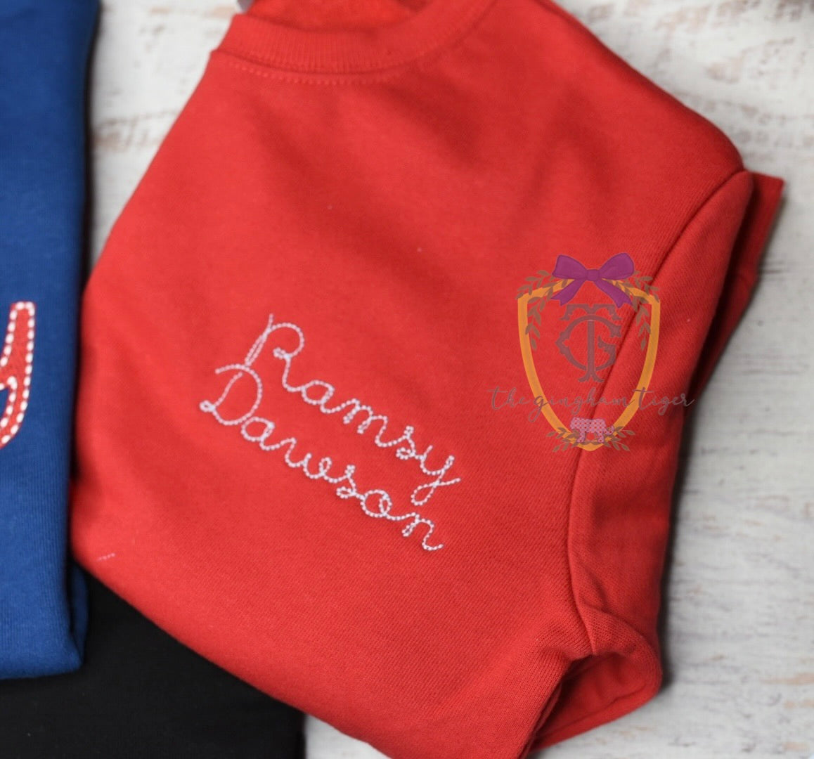 Boys Cursive Name Embroidered Sweatshirt or bubble