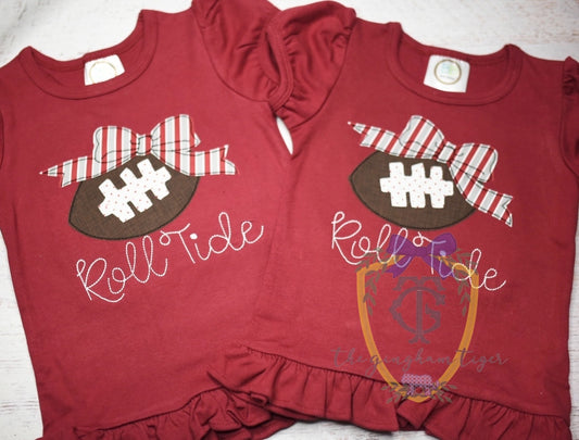 Applique Football with Bow + Roll Tide