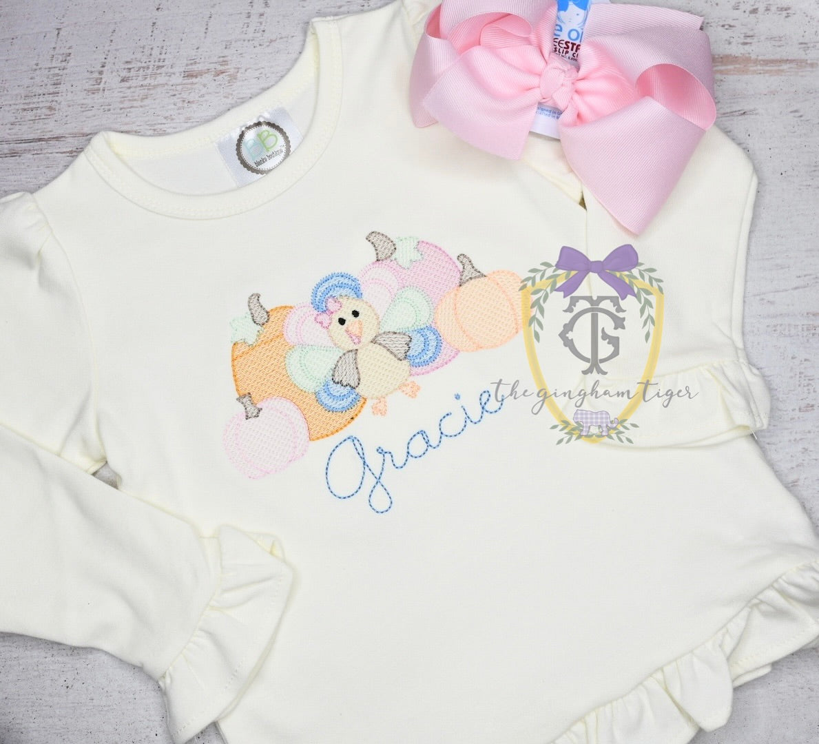 Girly Turkey and Pumpkins embroidered shirt