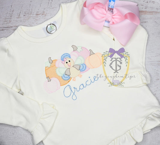 Girly Turkey and Pumpkins embroidered shirt