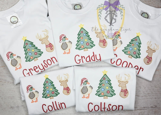 Christmas Mallard, Deer, Tree Embroidered Tee or Romper