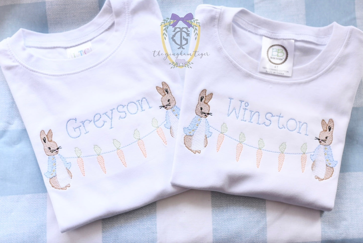 Rabbits with carrot bunting Embroidered Tee or Bubble
