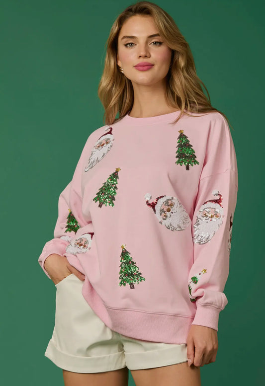 Santa & Tree Sequin Oversized Pullover