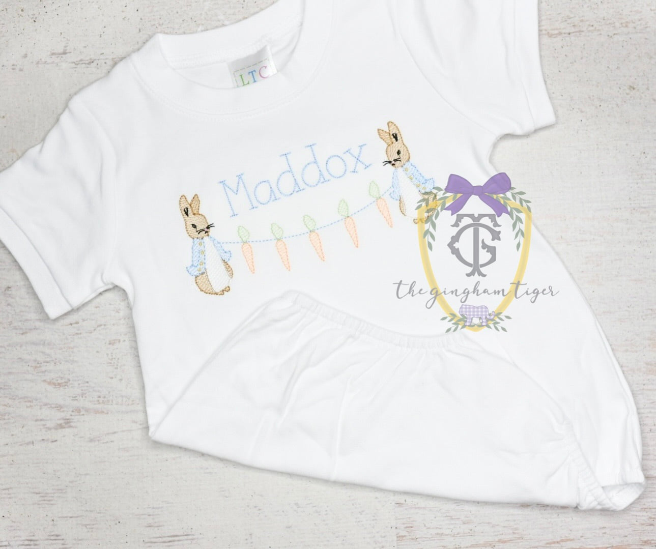 Rabbits with carrot bunting Embroidered Tee or Bubble
