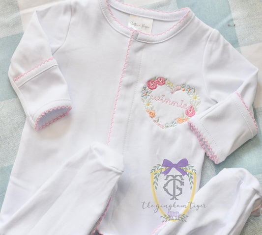 Picot Trim Footie with Embroidered Floral Heart + Name