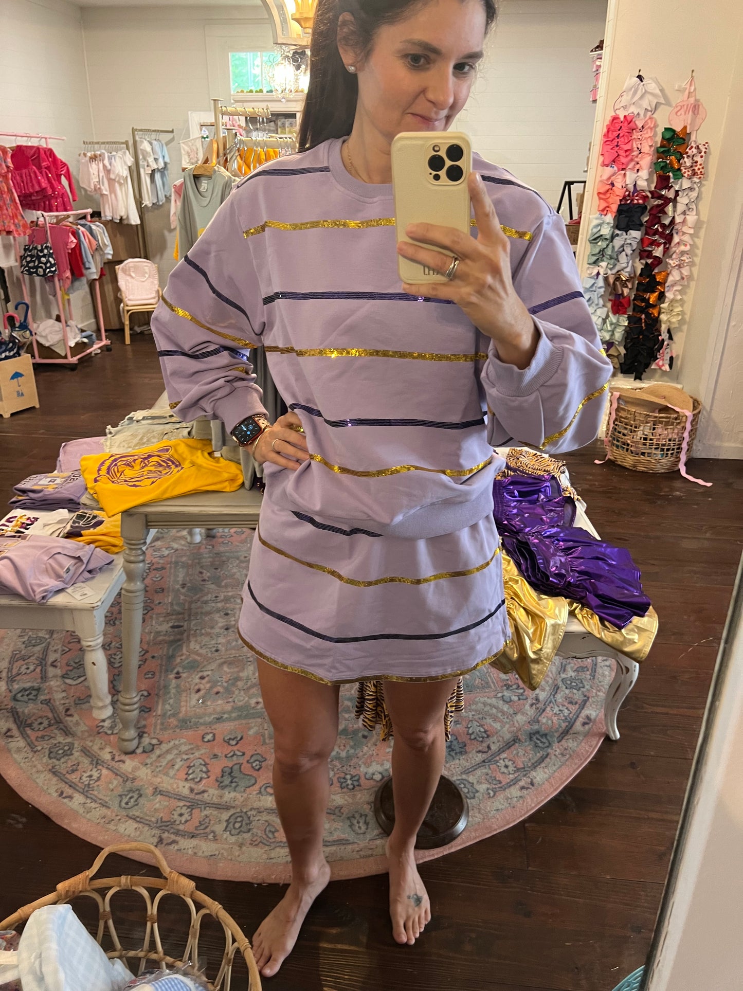 Purple and Gold Stripe Sequin skort Set