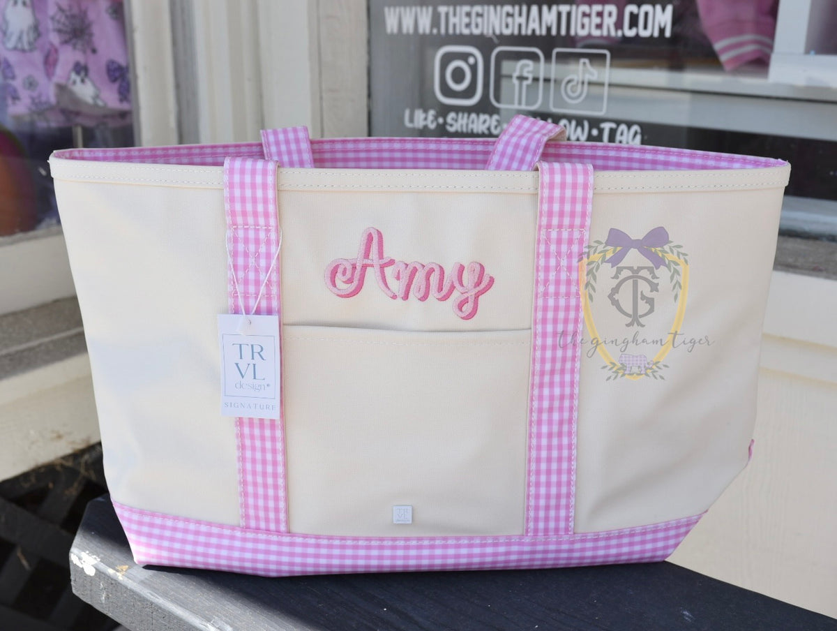 MEDIUM TOTE - COATED CANVAS NATURAL WITH GINGHAM PINK TRIM