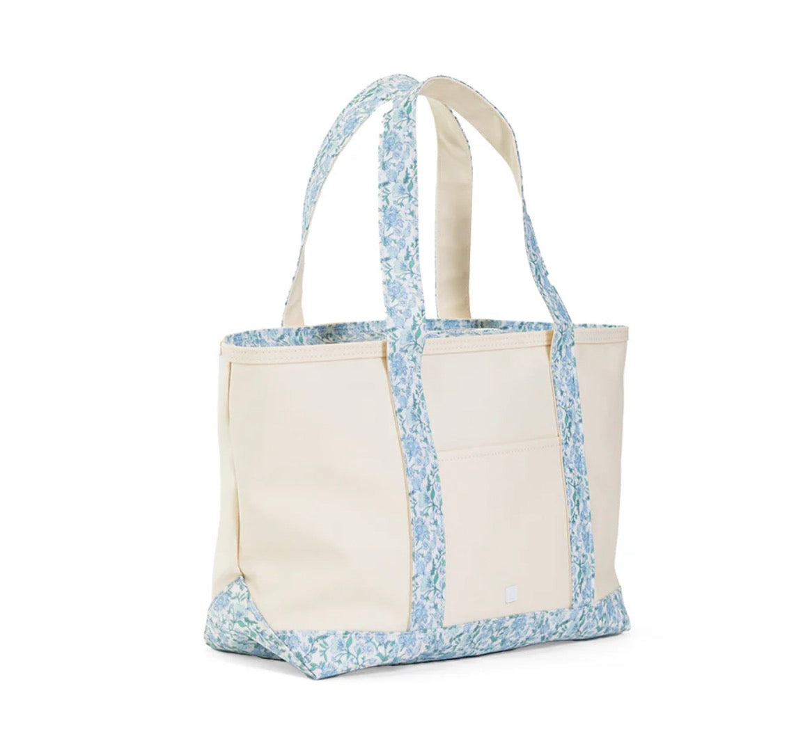 MEDIUM TOTE - COATED CANVAS NATURAL WITH Hamptons Floral  TRIM