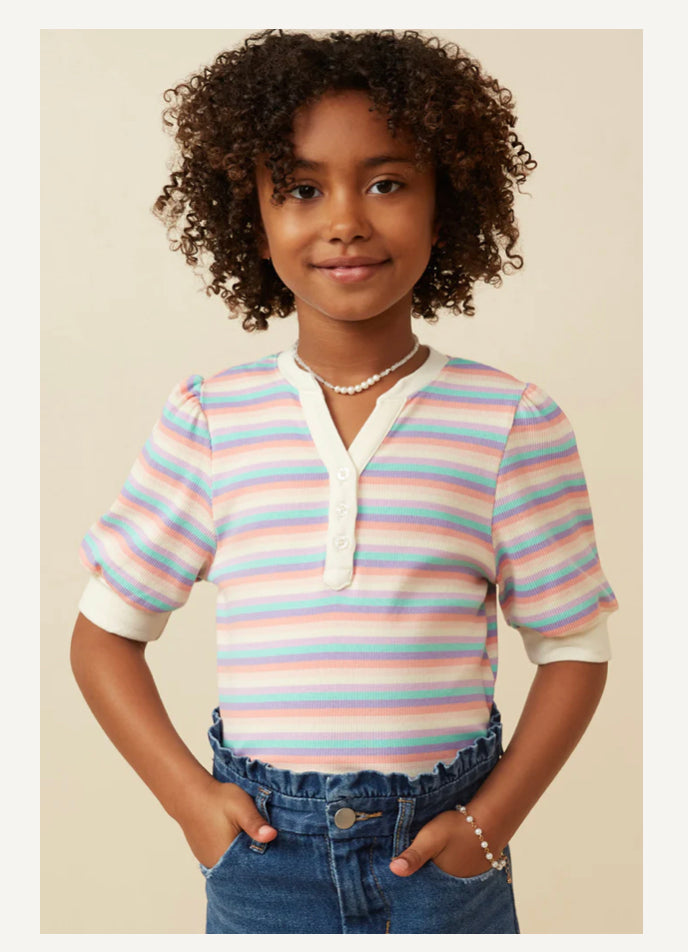 Girls Button Banded Kint Striped Top