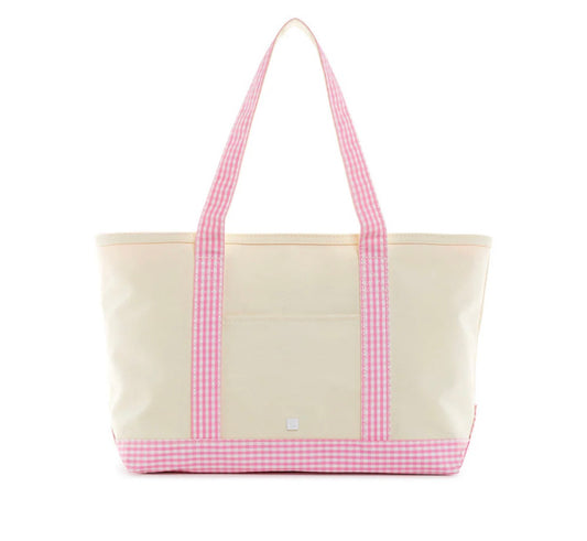 MEDIUM TOTE - COATED CANVAS NATURAL WITH GINGHAM PINK TRIM