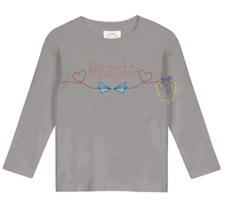 Valentine Paper Airplane Embroidery Design on Tee