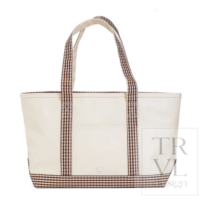 MEDIUM TOTE - COATED CANVAS NATURAL WITH GINGHAM Brown Trim