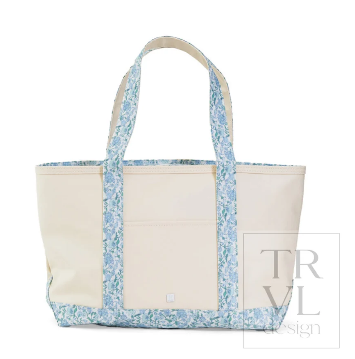 MEDIUM TOTE - COATED CANVAS NATURAL Gingham Trim - Hamptons Floral