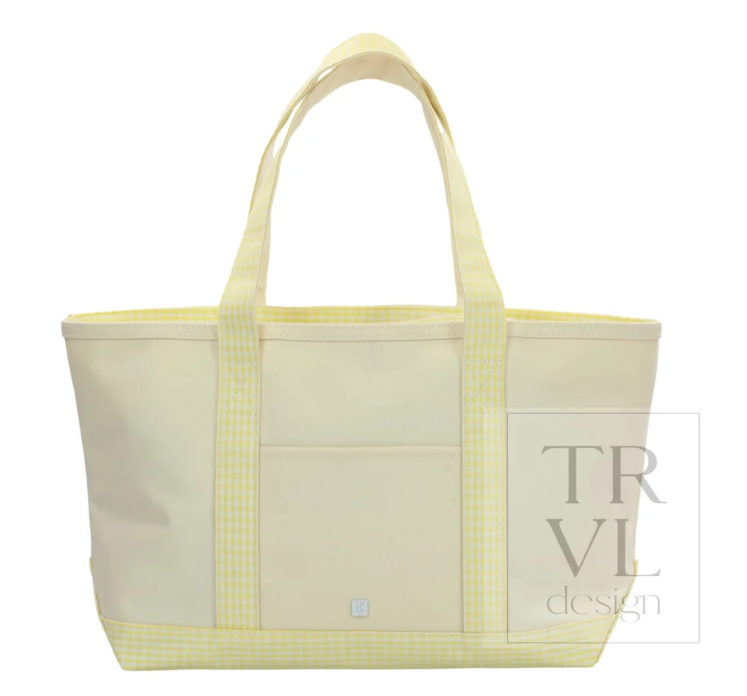 MEDIUM TOTE - COATED CANVAS NATURAL WITH GINGHAM Buttercup trim