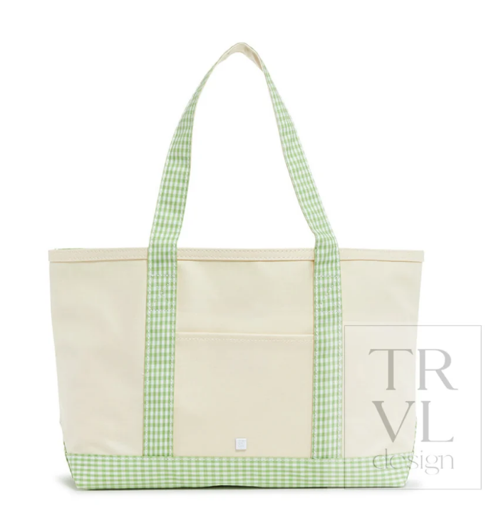 MEDIUM TOTE - COATED CANVAS NATURAL - Gingham Trim Leaf