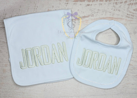 Embroidered name bib and burp set