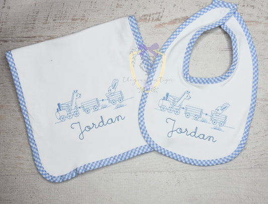 Animal Train embroidered bib and burp set