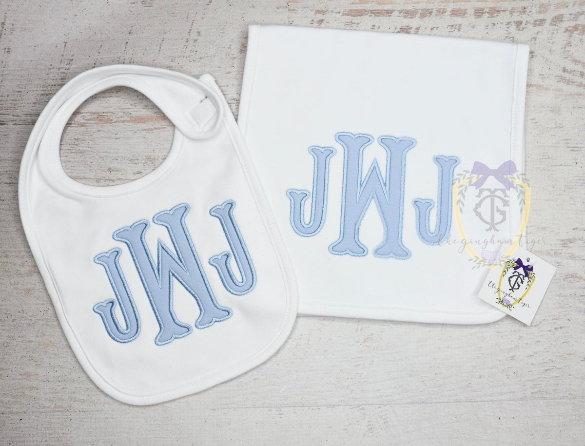 Applique monogram bib and burp