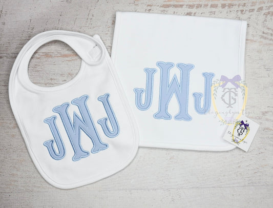 Applique monogram bib and burp