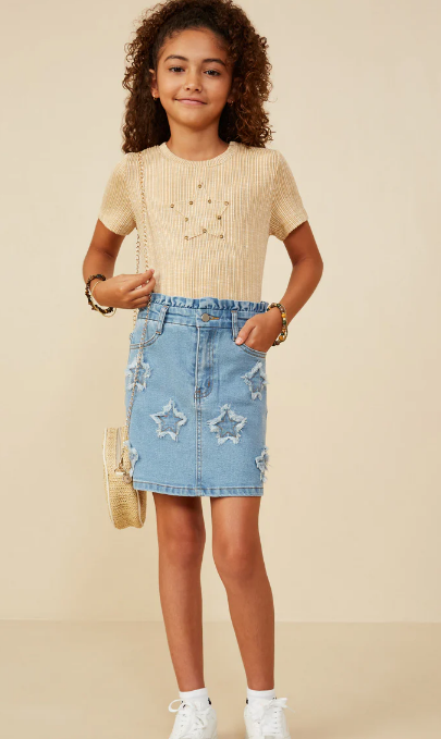 Girls Distressed Star Patched Paper Bag Denim Skirt