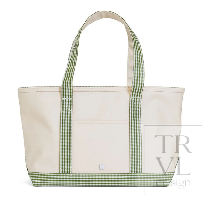 MEDIUM TOTE - COATED CANVAS NATURAL WITH GINGHAM Moss Trim