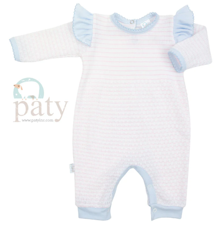 Paty Pinstripe Angel Sleeve Romper, Pima Trim