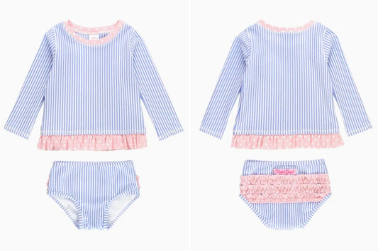 Girls Periwinkle Blue Seersucker Long Sleeve Rash Guard 2-Piece Swimsuit with Signature Rear Ruffles