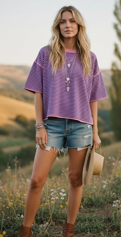 Royal/Pink Striped Oversize Knit Tee - Sewn and Seen