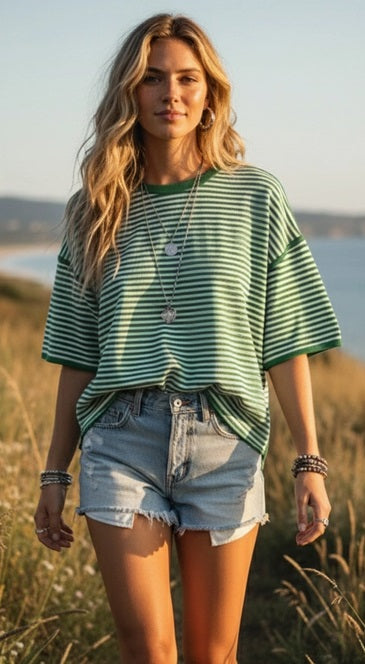 Green/White Striped Oversize Knit Tee - Sewn and Seen