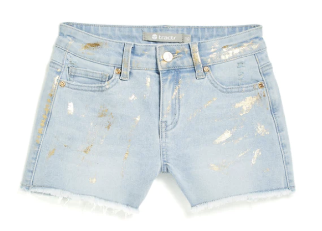 Tractr BRITTANY - Mid Rise Foil Splattered Fray Hem Short