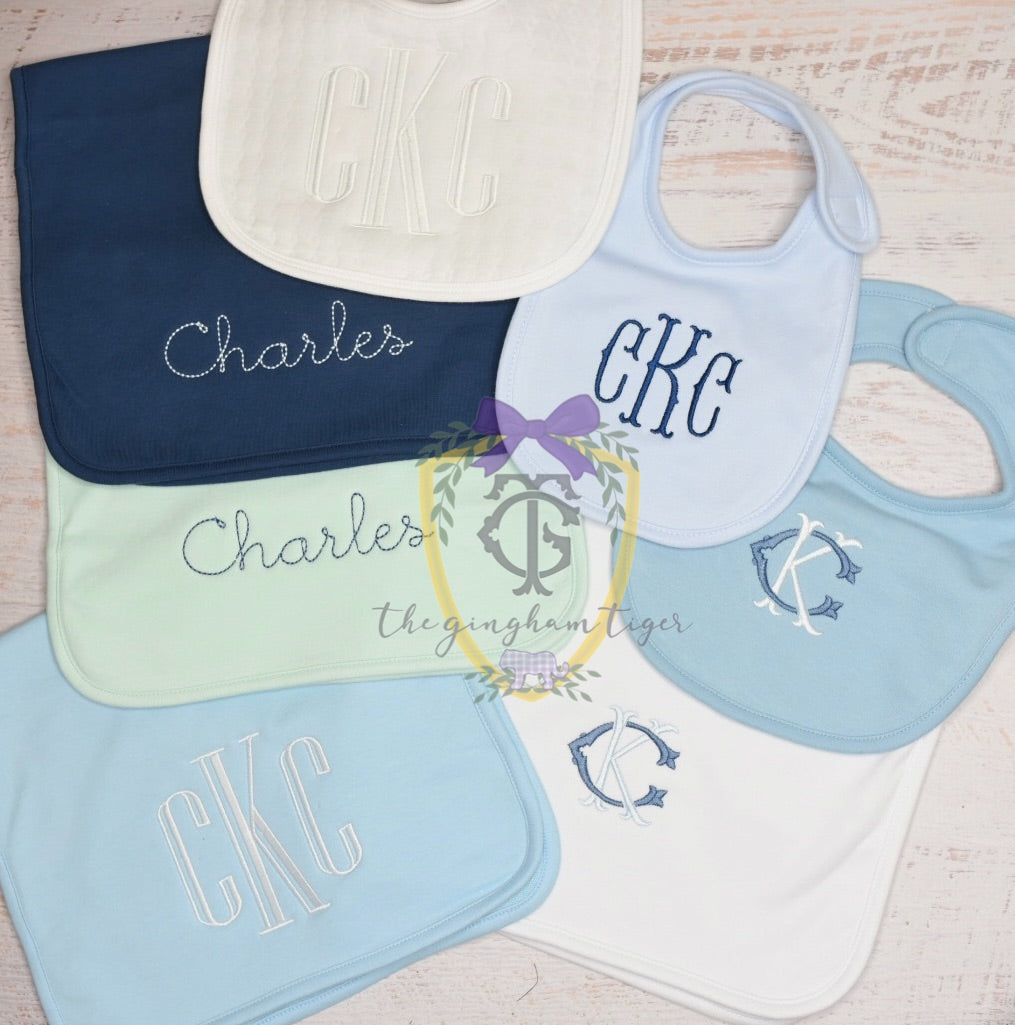 Boys Monogram Burp Cloths and Bibs